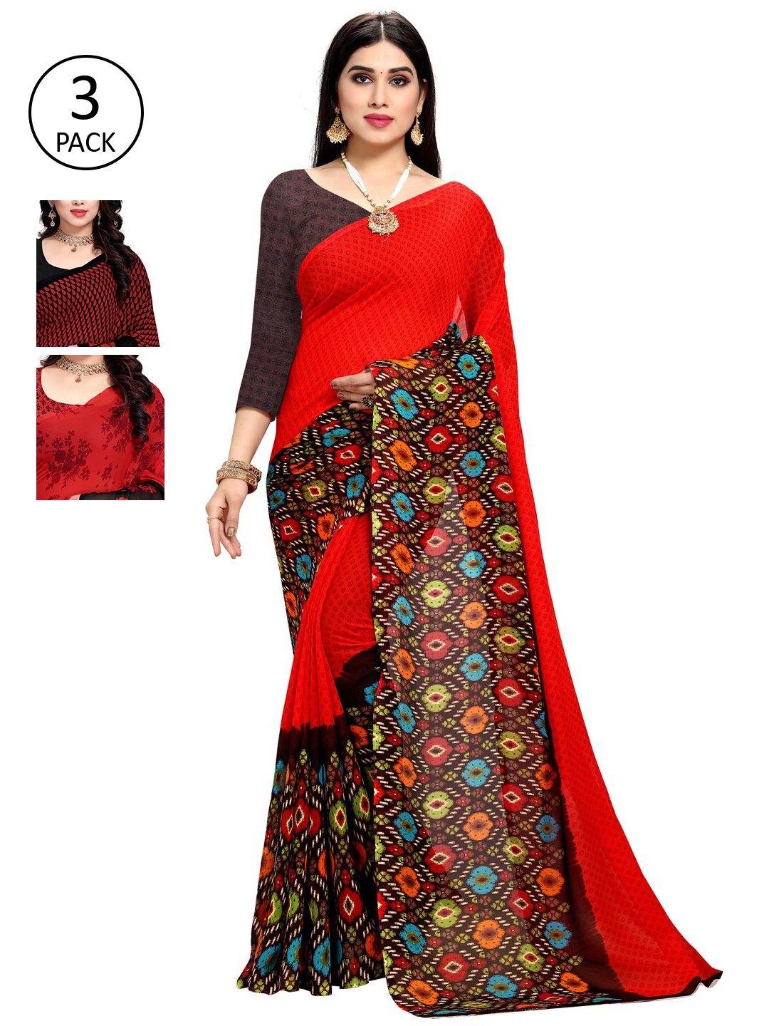 

KALINI Pack Of 3 Printed Sarees, Red