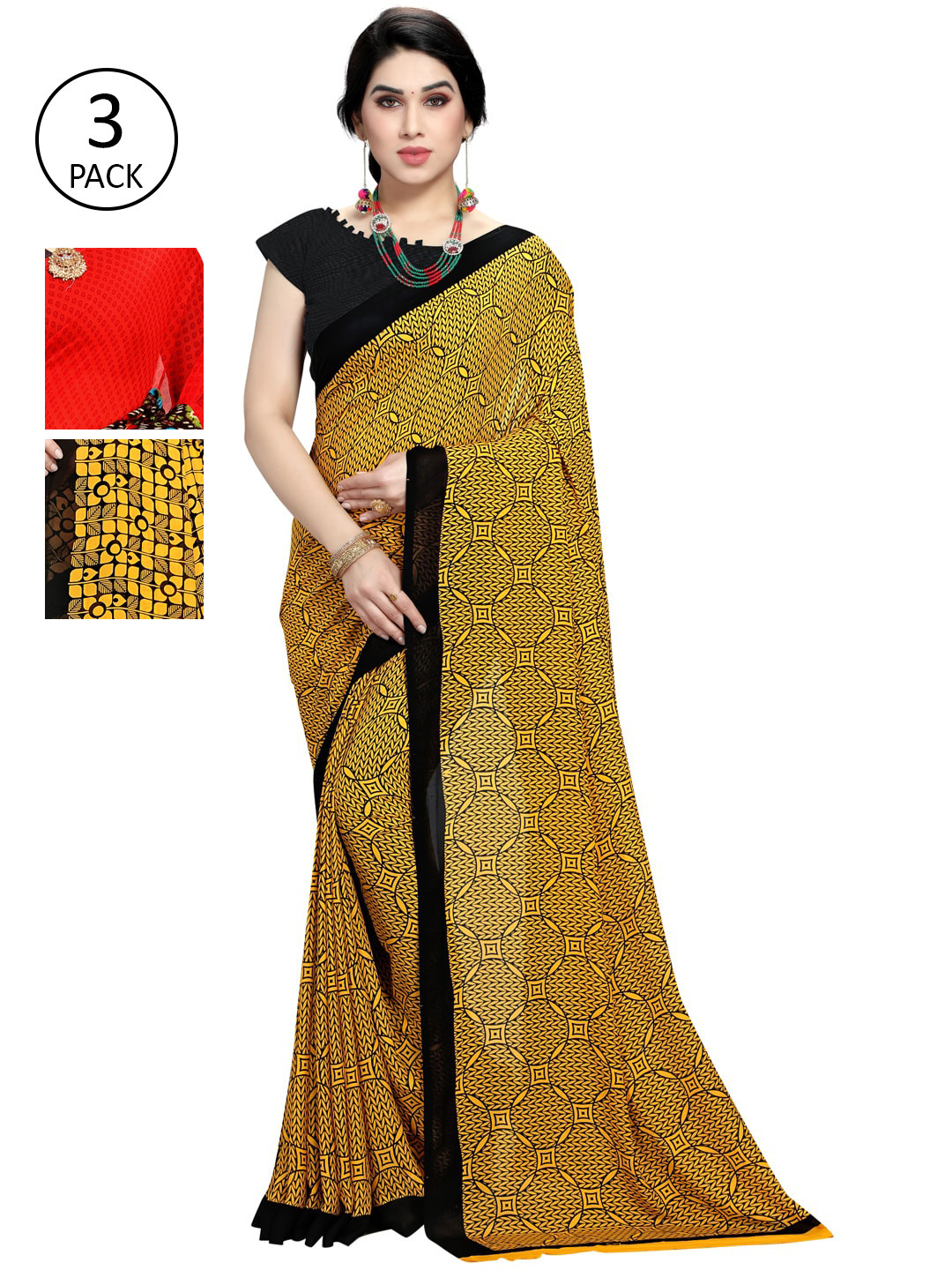 

KALINI Pack Of 3 Printed Sarees, Yellow