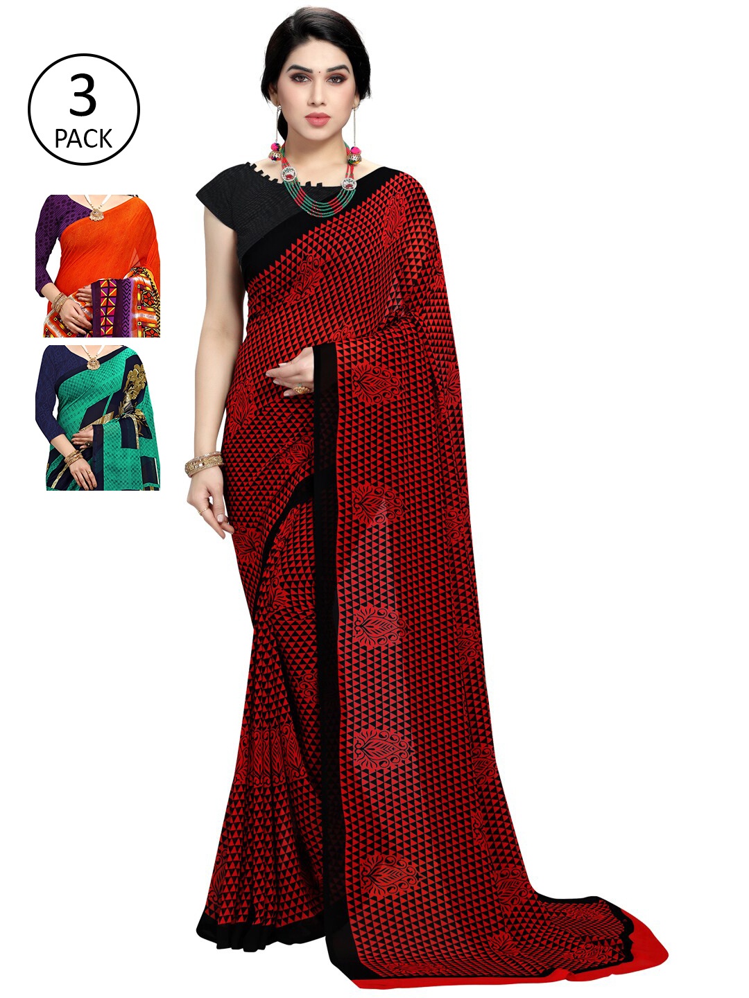 

KALINI Pack Of 3 Printed Sarees, Red