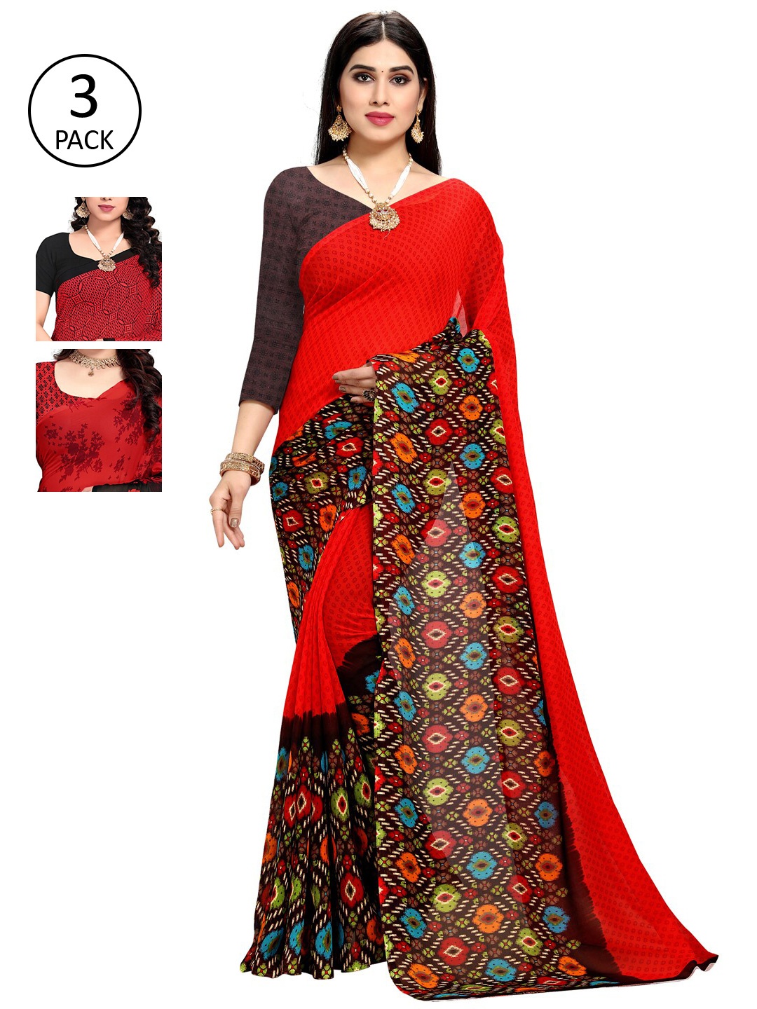 

KALINI Pack of 3 Printed Saree, Red