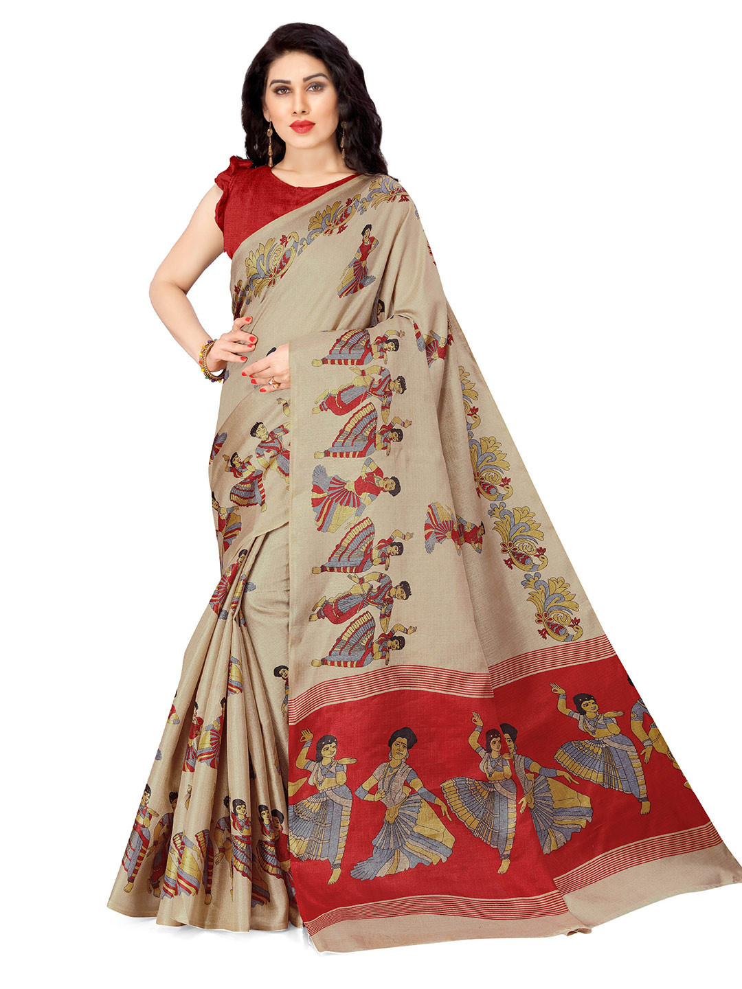 

KALINI Beige & Red Ethnic Motifs Art Silk Saree