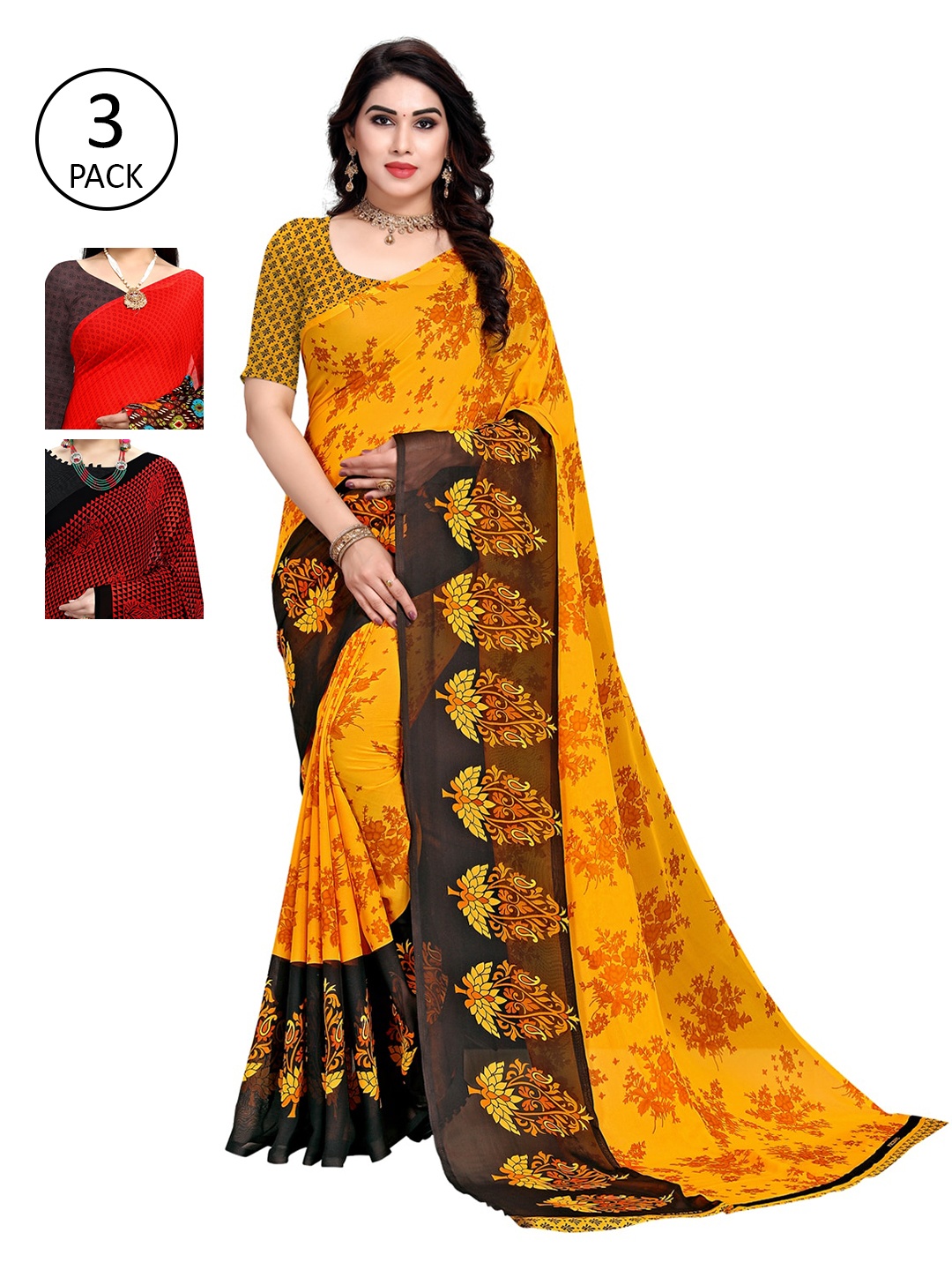 

KALINI Pack Of 3 Printed Poly Georgette Sarees, Yellow