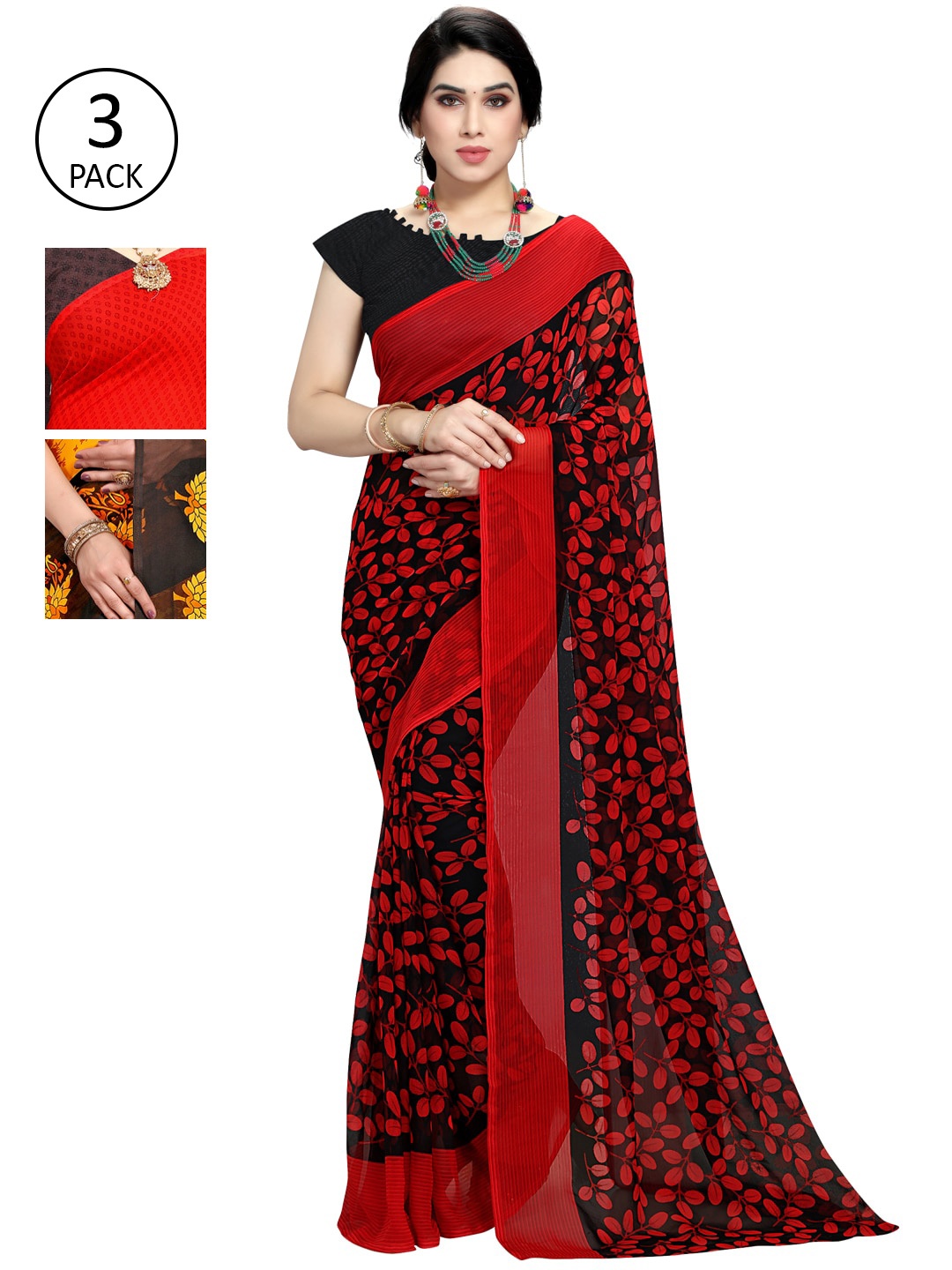 

KALINI Pack Of 3 Printed Sarees, Black