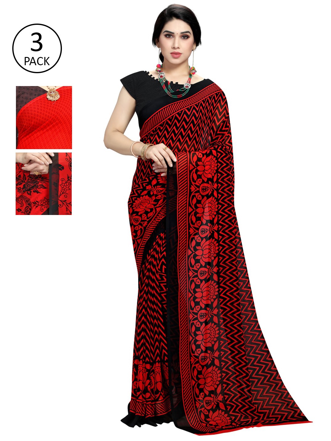 

KALINI Red & Black Printed Pack of 3 Poly Georgette Saree