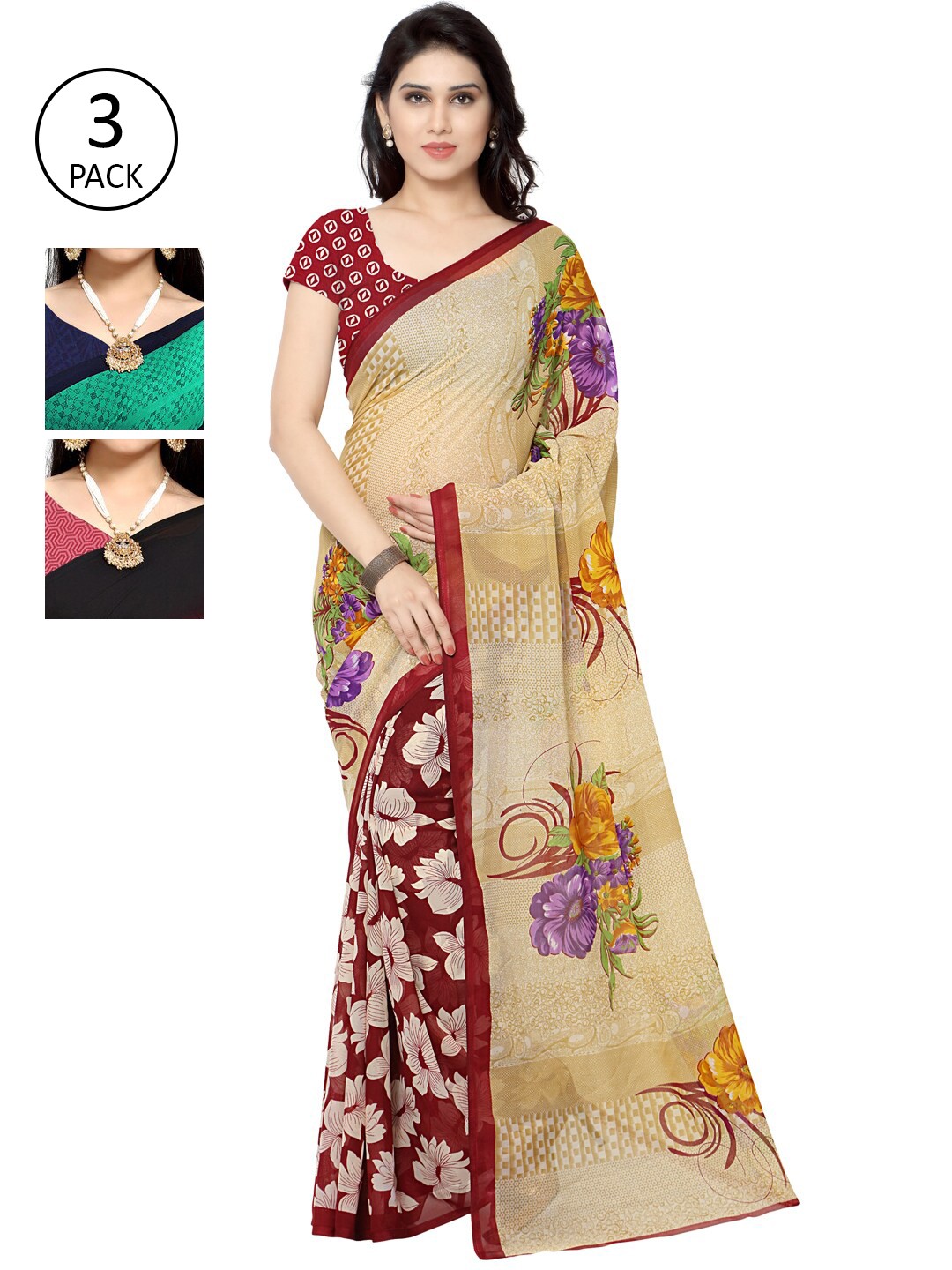 

KALINI Pack Of 3 Printed Poly Georgette Sarees, Pink
