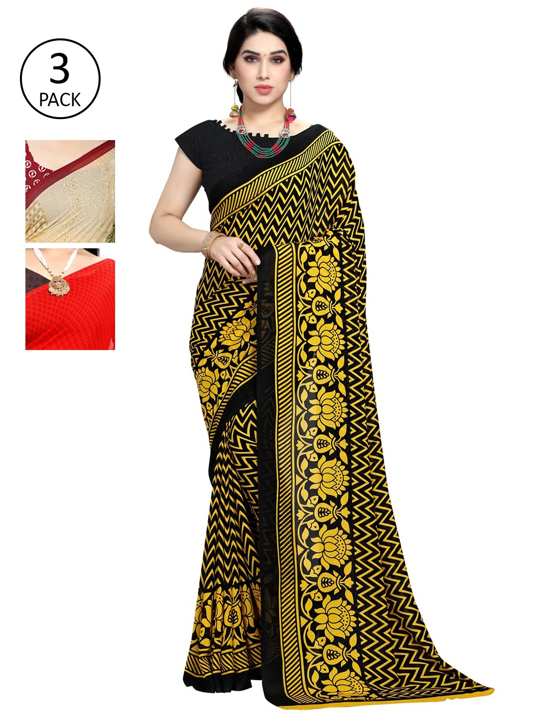 

KALINI Pack Of 3 Yellow & Red Saree