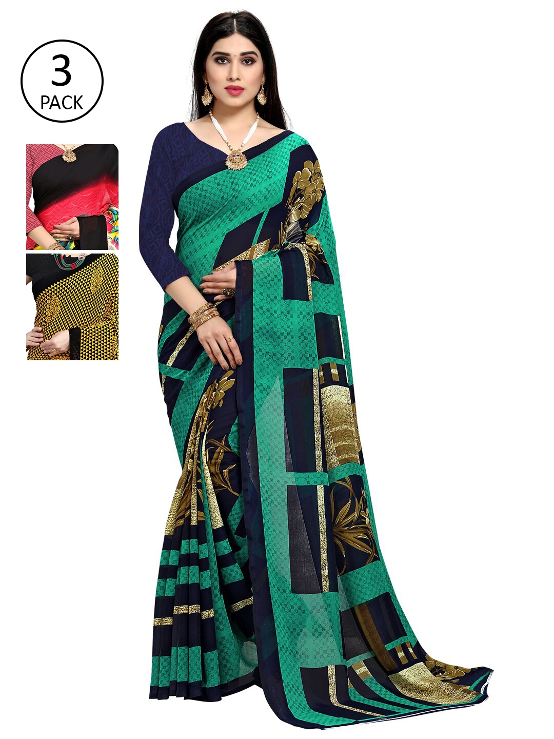 

KALINI Set Of 3 Printed Sarees, Yellow