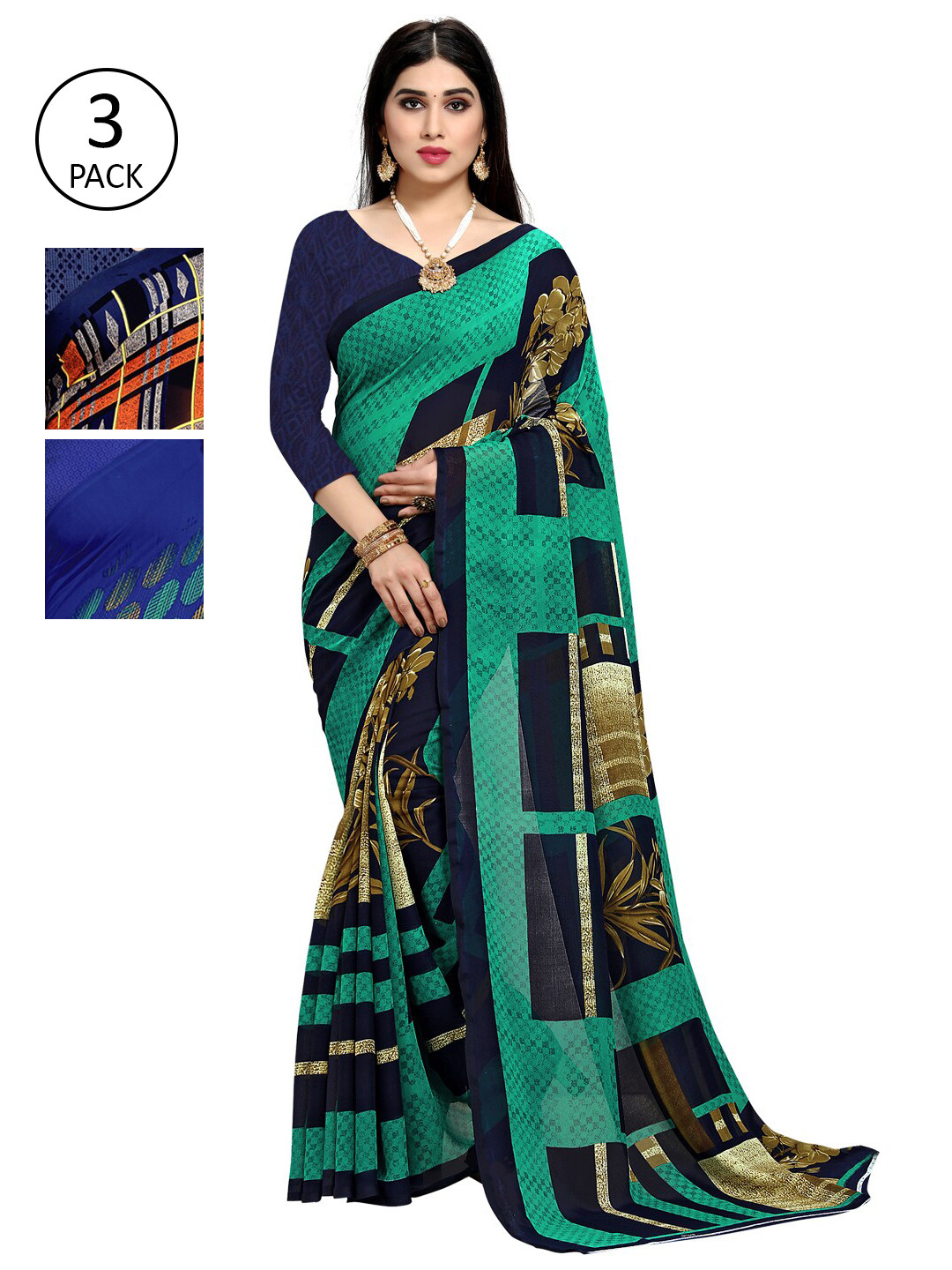 

KALINI Multicoloured Pack O3 Printed Saree, Navy blue