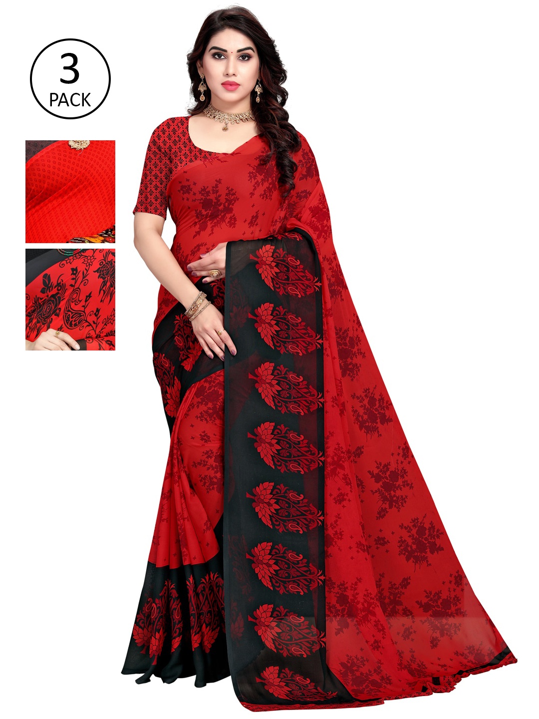

KALINI Set-3 Red & Black Saree