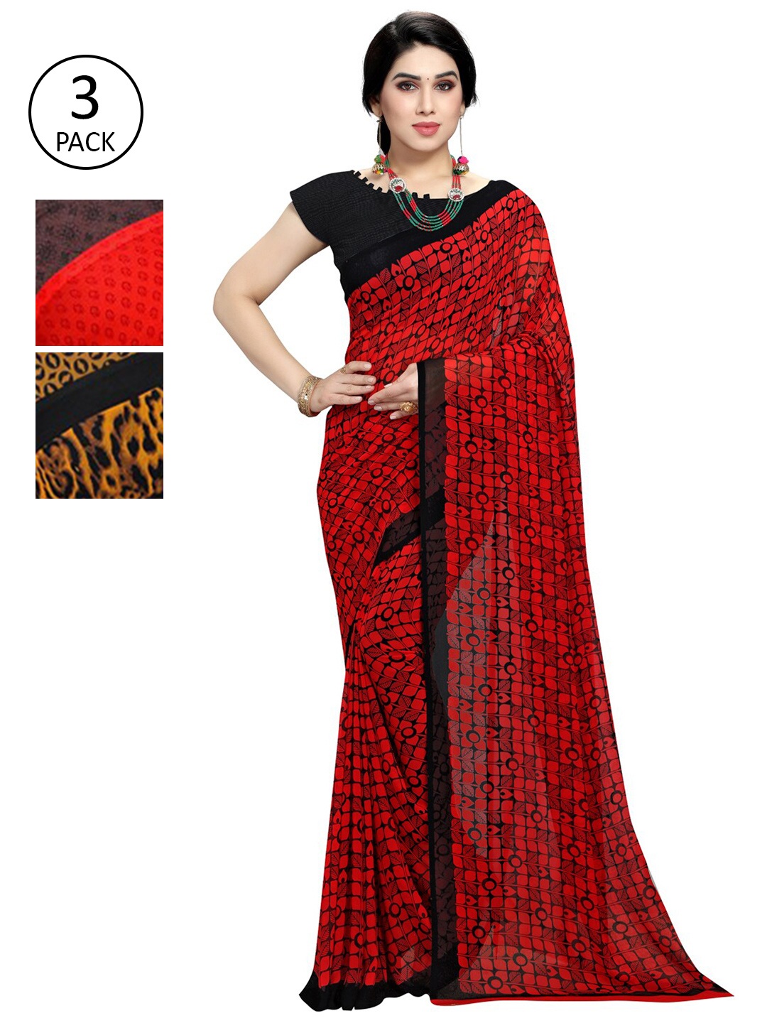 

KALINI Pack of 3 Printed Sarees, Red