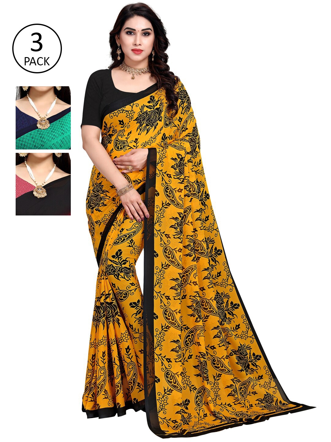 

KALINI Pack of 3 Printed Saree, Yellow