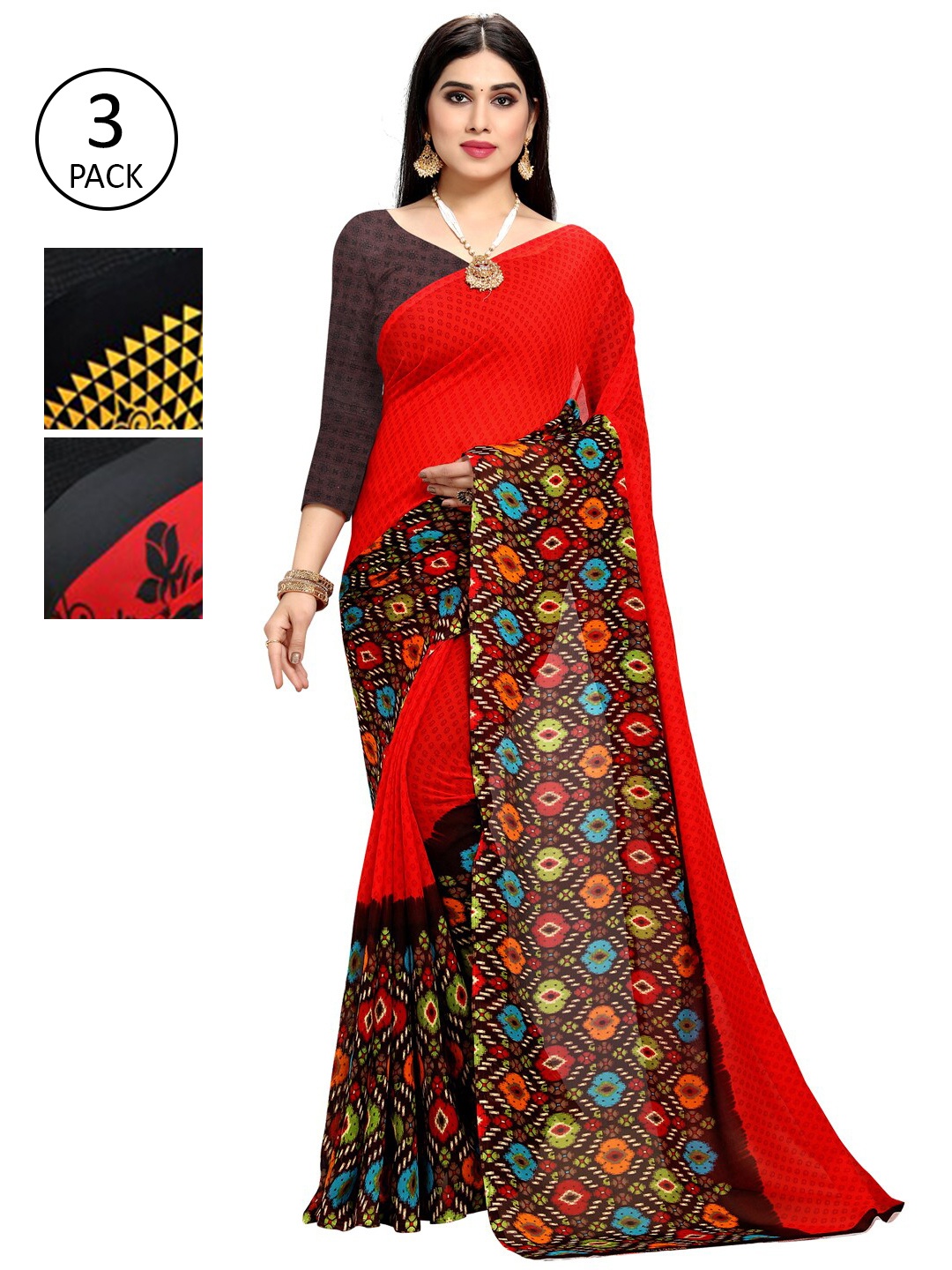 

KALINI Pack of 3 Printed Sarees, Yellow