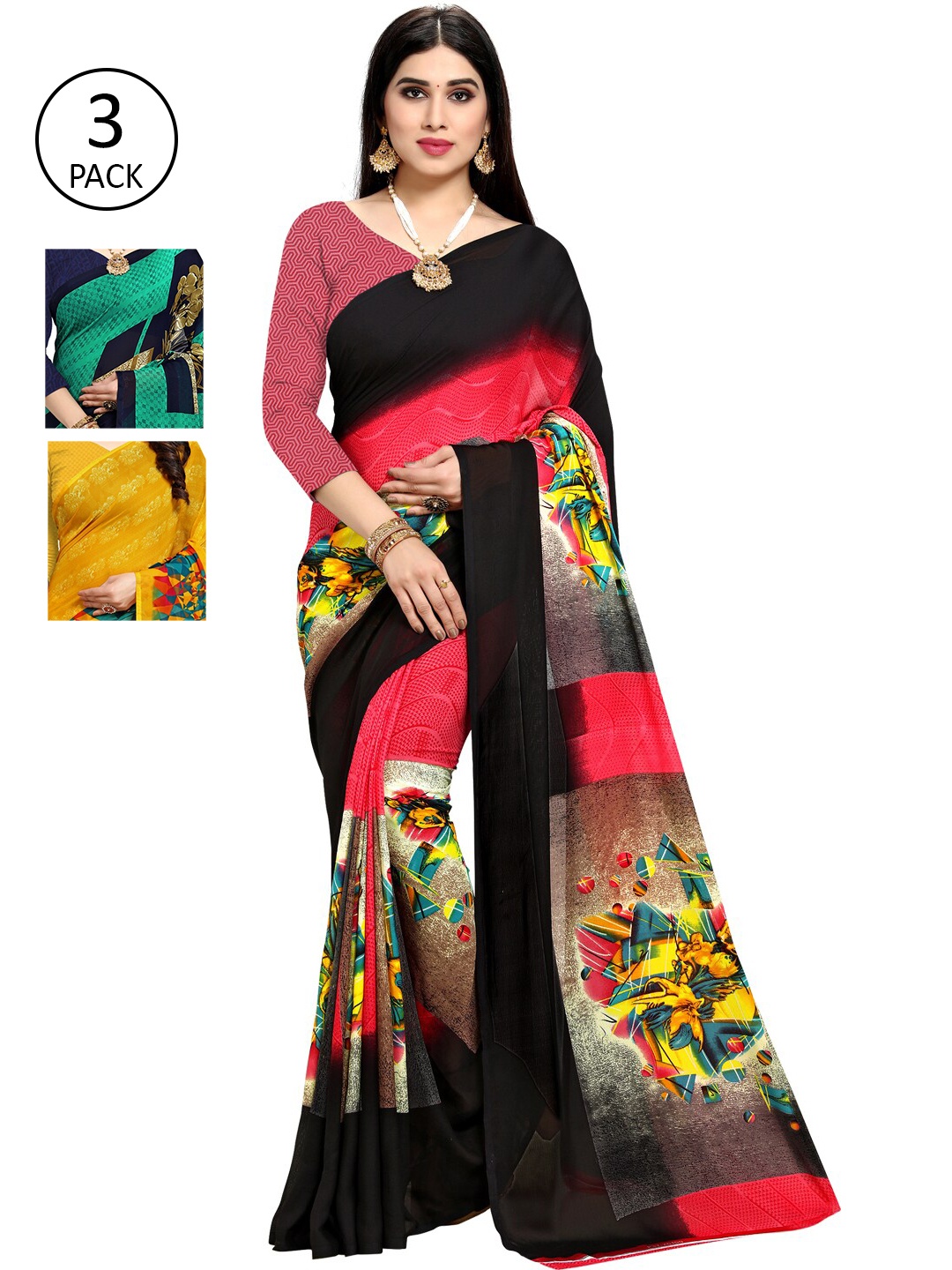 

KALINI Pack of 3 Printed Saree, Navy blue
