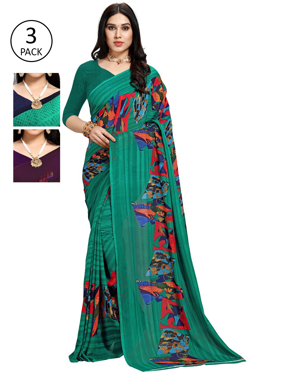 

KALINI Pack Of 3 Brown & Green Saree
