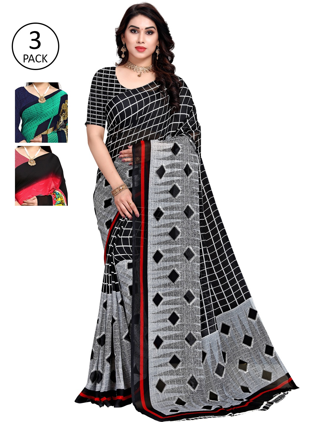 

KALINI Pack Of 3 Printed Poly Georgette Saree, Grey