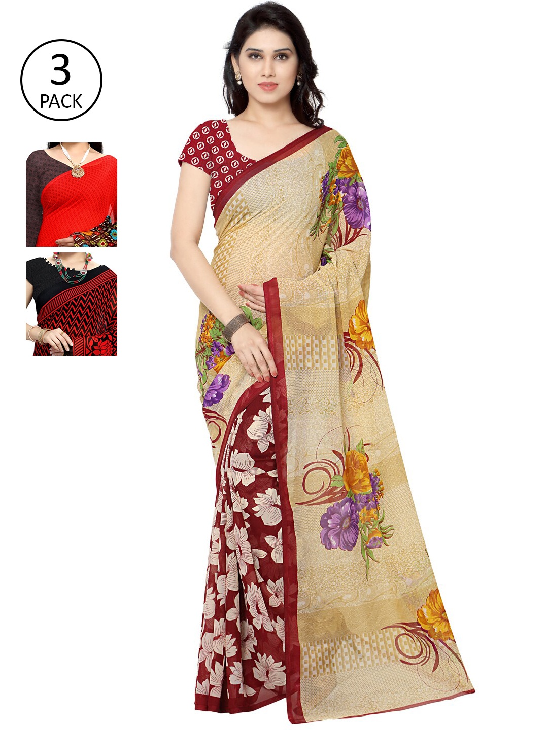 

KALINI Pack Of 3 Printed Poly Georgette Sarees, Red