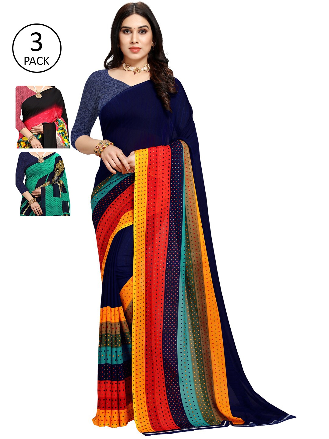 

KALINI Set Of 3 Printed Sarees, Navy blue