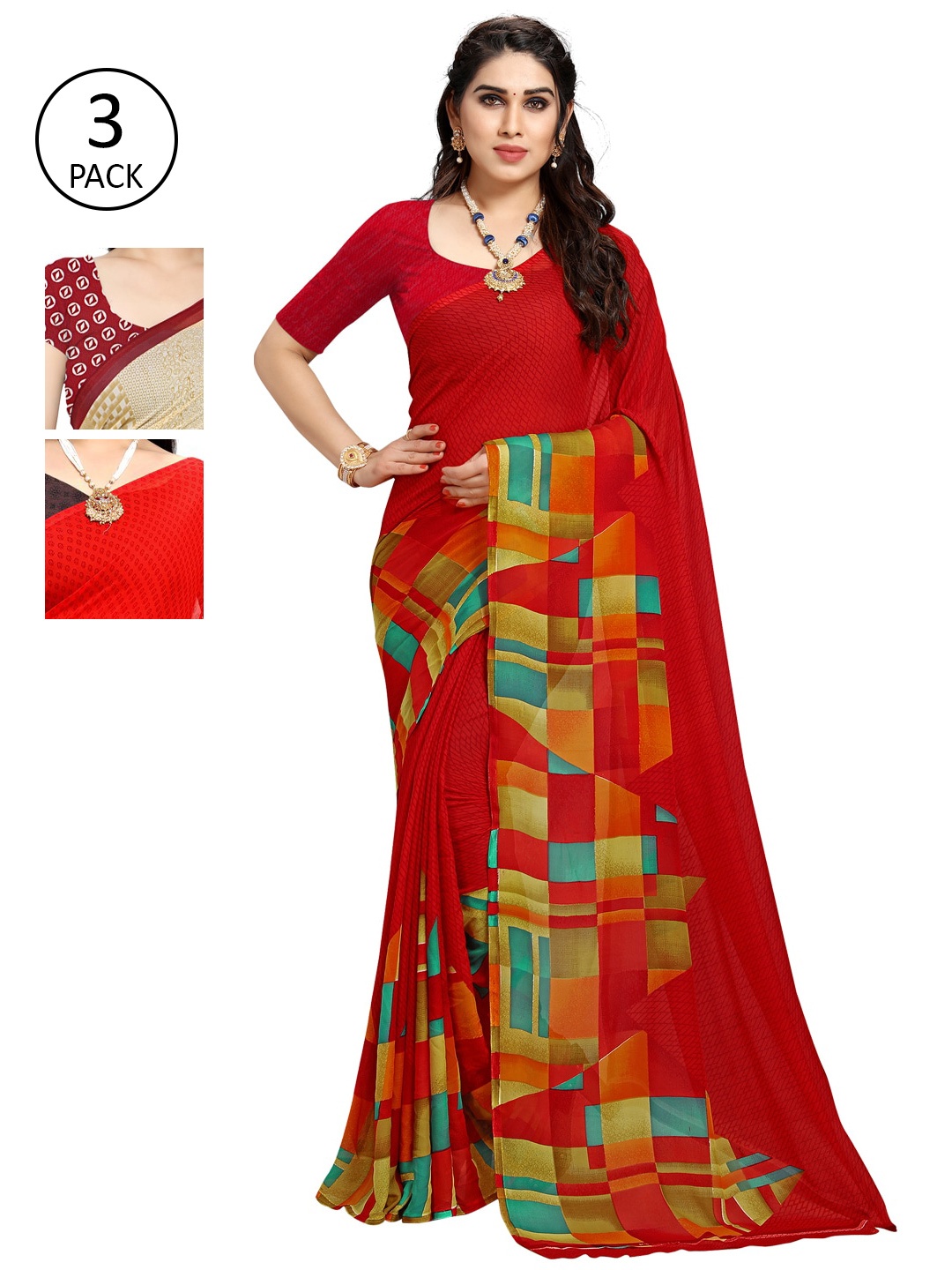 

KALINI Pack of 3 Printed Sarees, Red