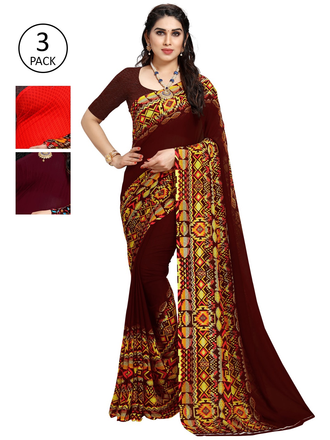 

KALINI Pack Of 3 Printed Sarees, Brown