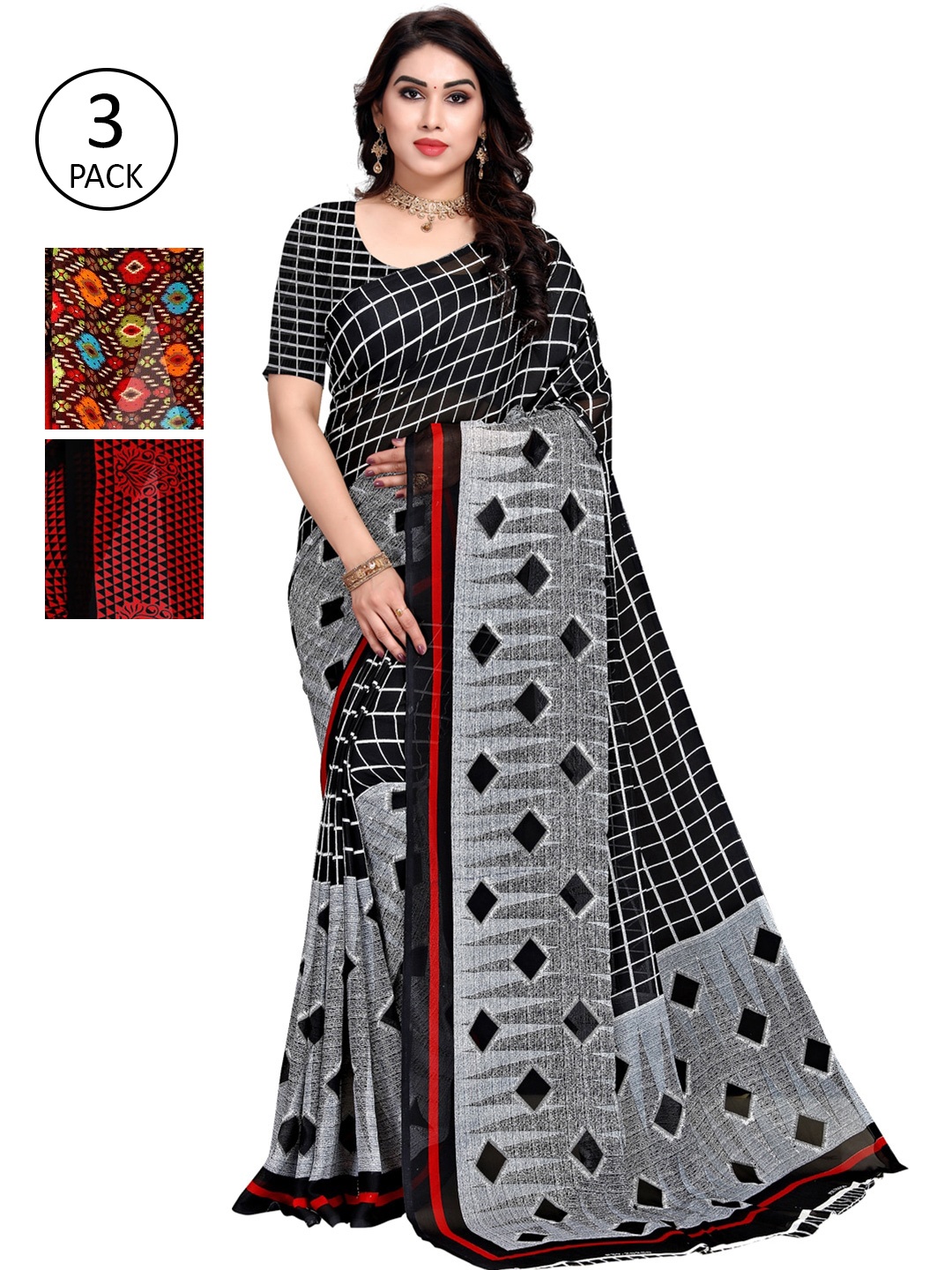 

KALINI Pack Of 3 Printed Poly Georgette Sarees, Red