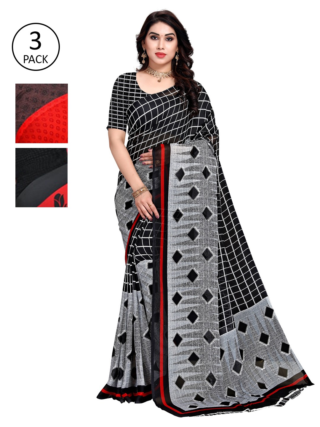 

KALINI Pack of 3 Printed Sarees, Red