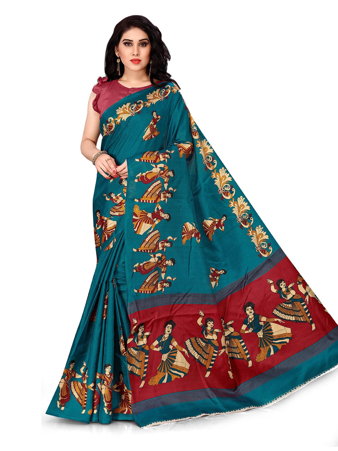 

KALINI Turquoise Blue & Red Ethnic Motifs Art Silk Saree
