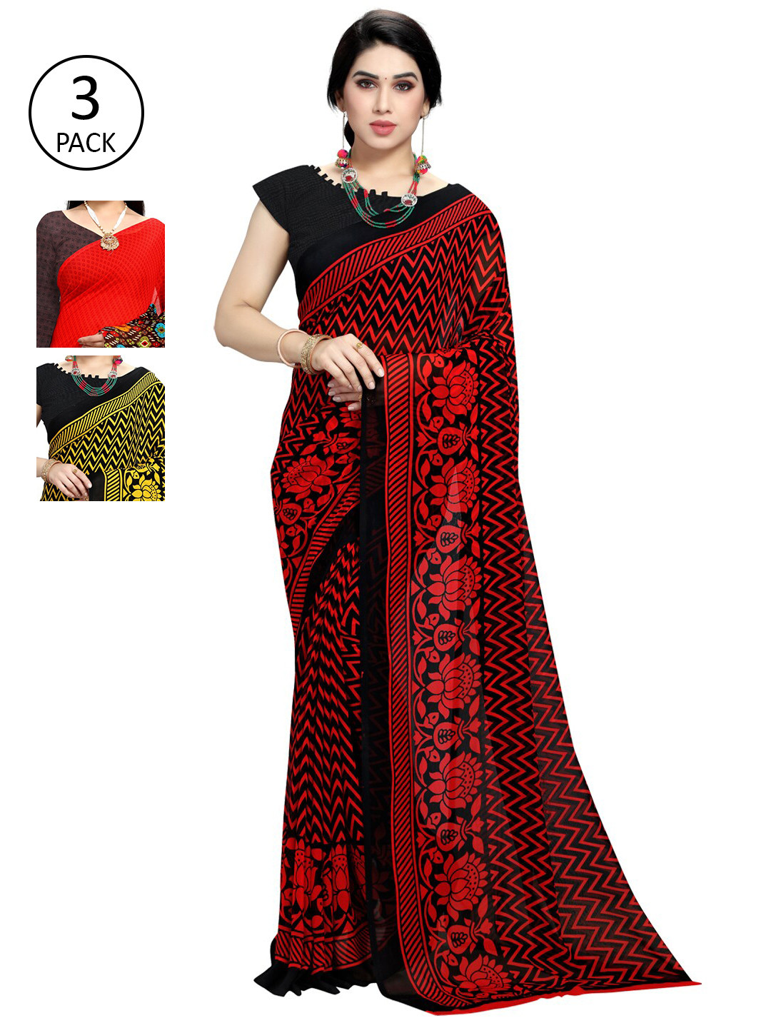 

KALINI Pack Of 3 Printed Saree, Red