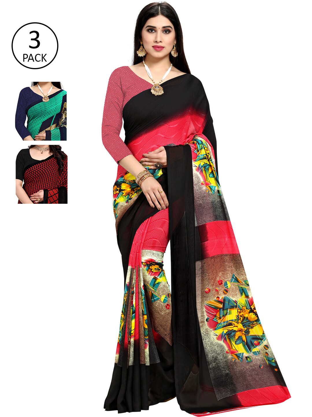 

KALINI Pack Of 3 Printed Sarees, Red