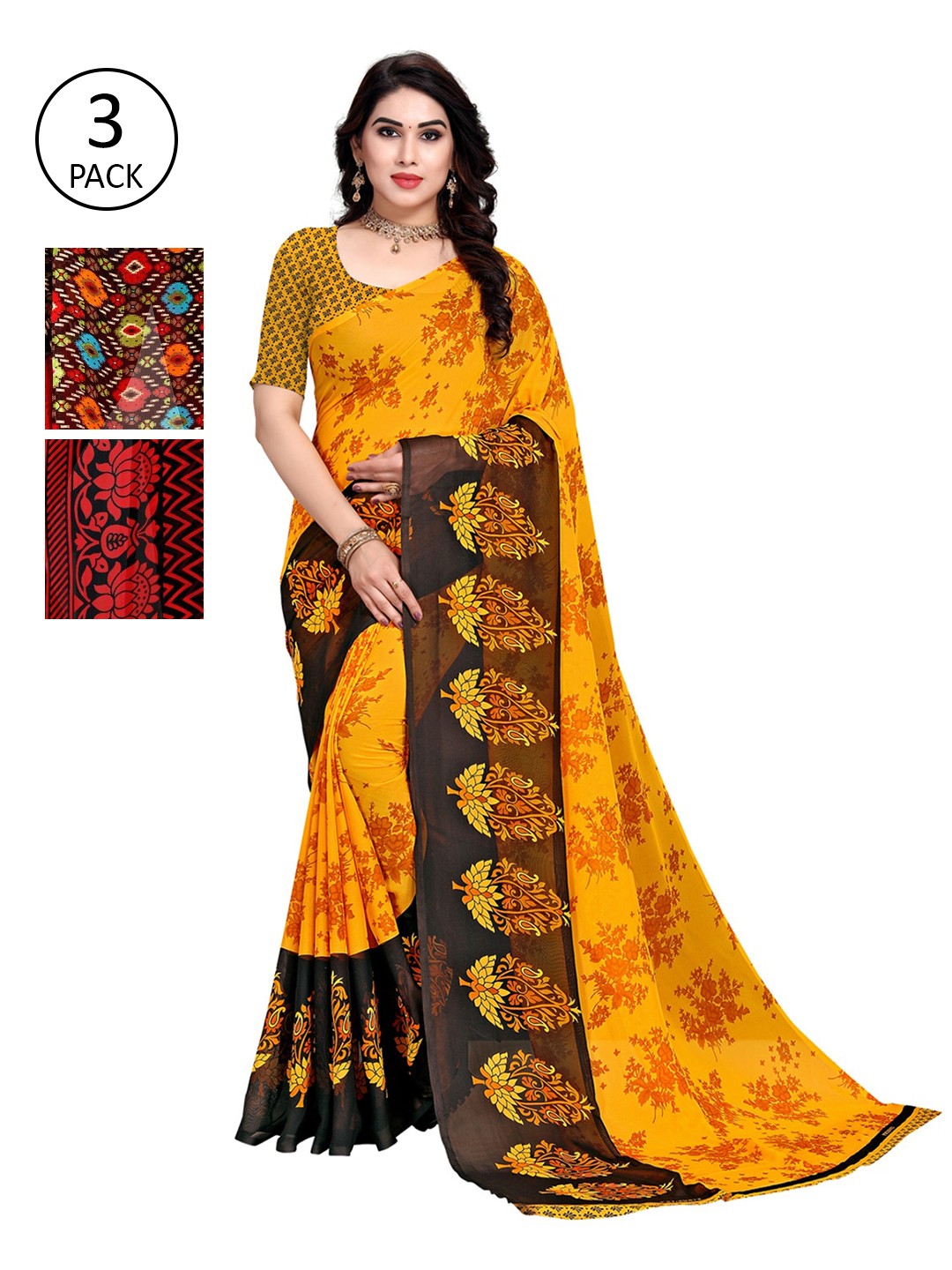 

KALINI Pack of 3 Red & Black Saree