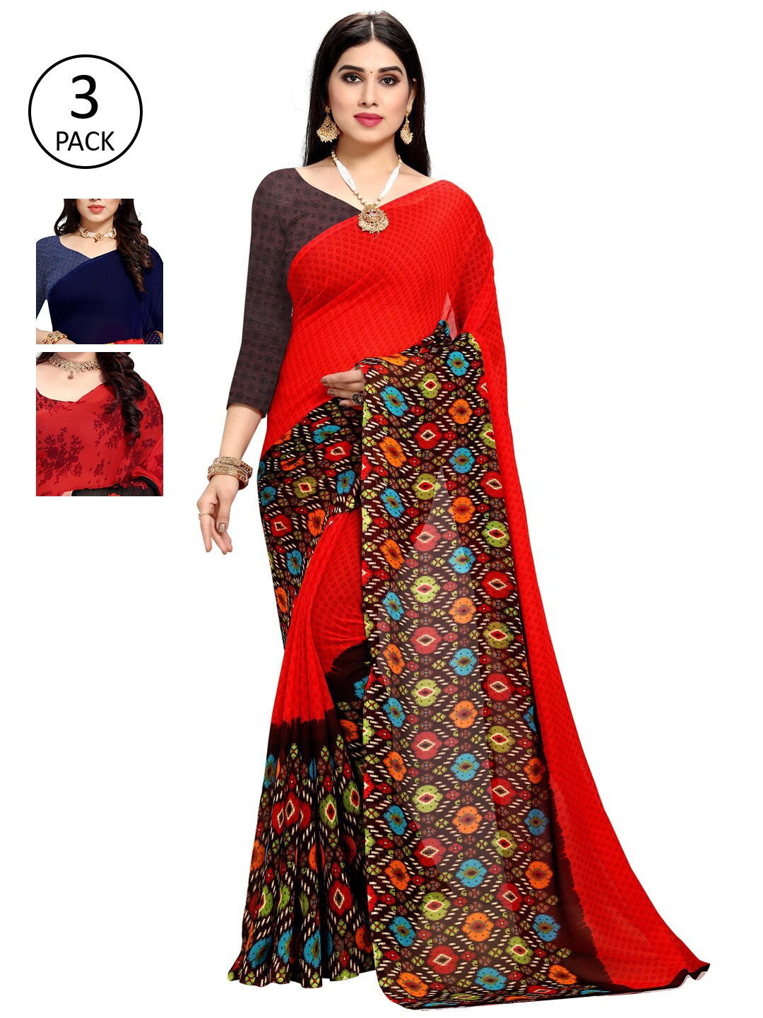 

KALINI Pack of 3 Printed Saree, Red