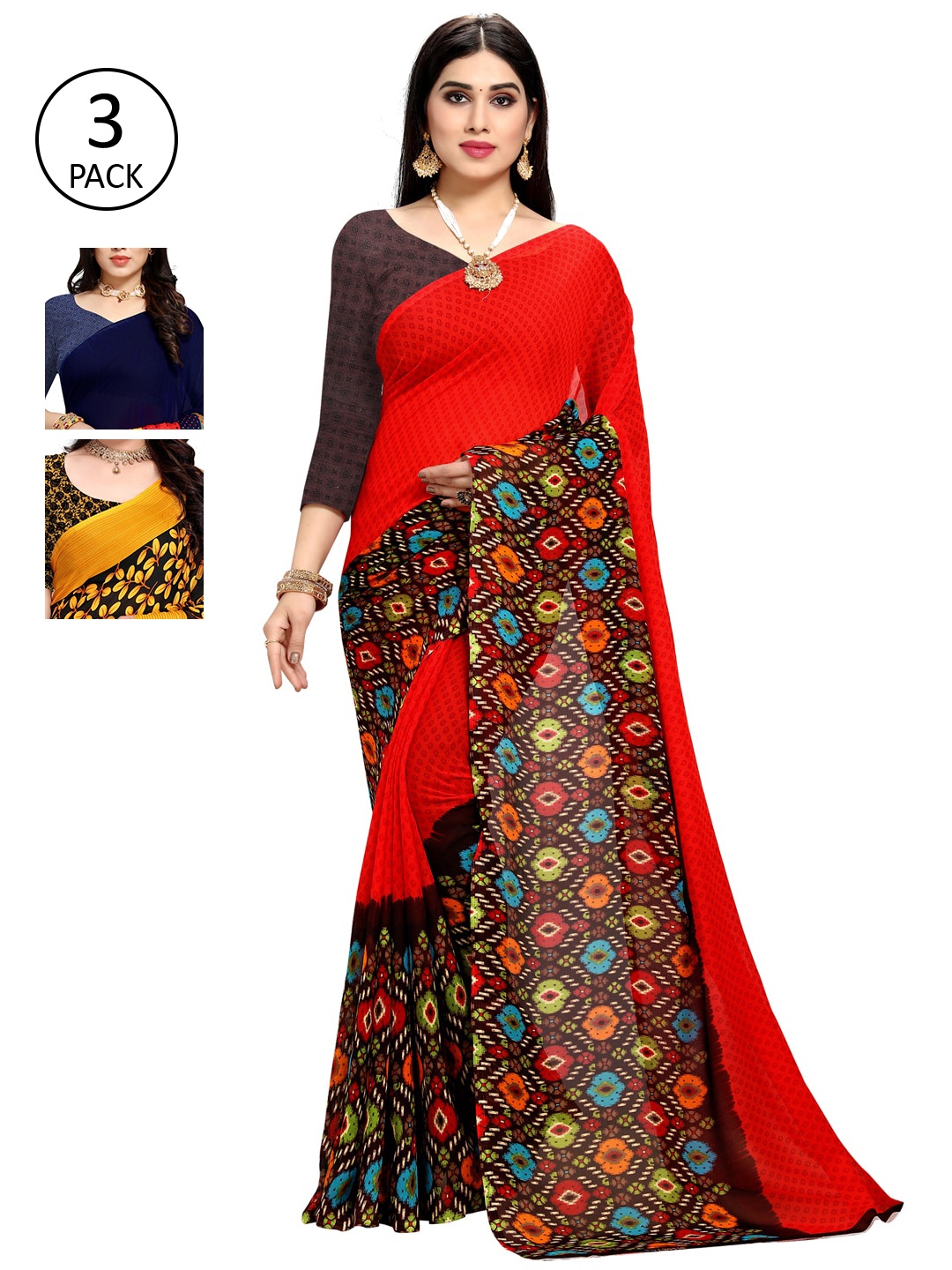 

KALINI Multicoloured Pack Of 3 Printed Saree, Red