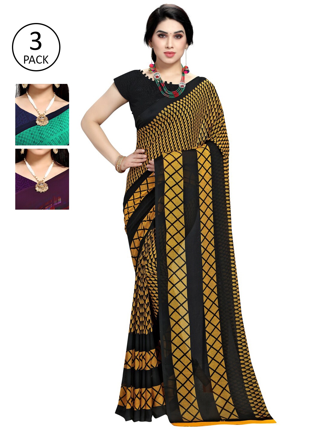 

KALINI Pack of 3 Printed Yellow & Black Saree