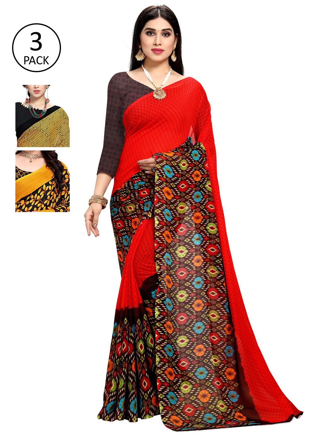 

KALINI Pack Of 3 Printed Sarees, Yellow