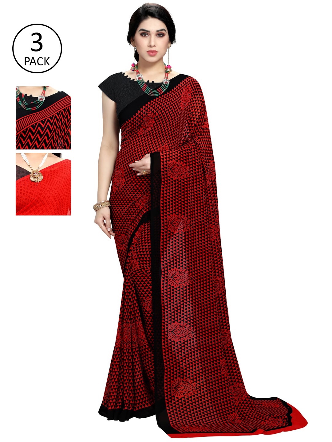 

KALINI Pack Of 3 Printed Poly Georgette Saree, Red