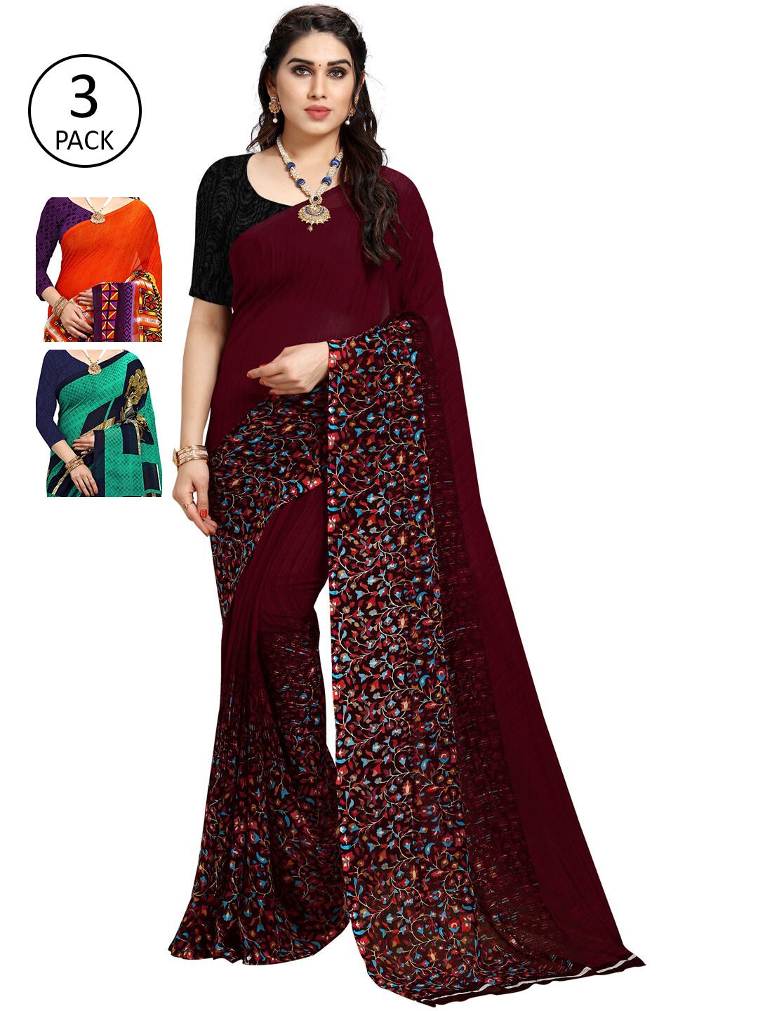 

KALINI Pack Of 3 Brown & Green Floral Saree