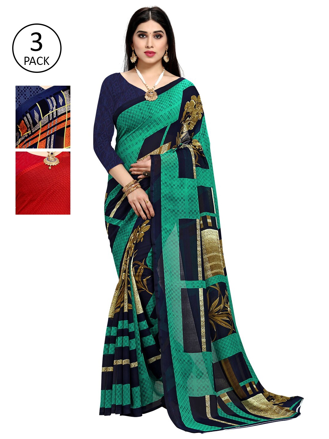

KALINI Pack of 3 Printed Sarees, Green