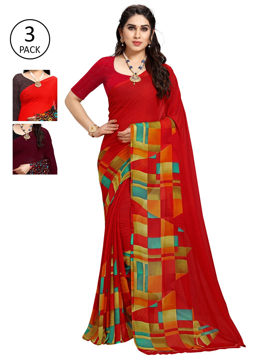 

KALINI Set-3 Red & Orange Saree