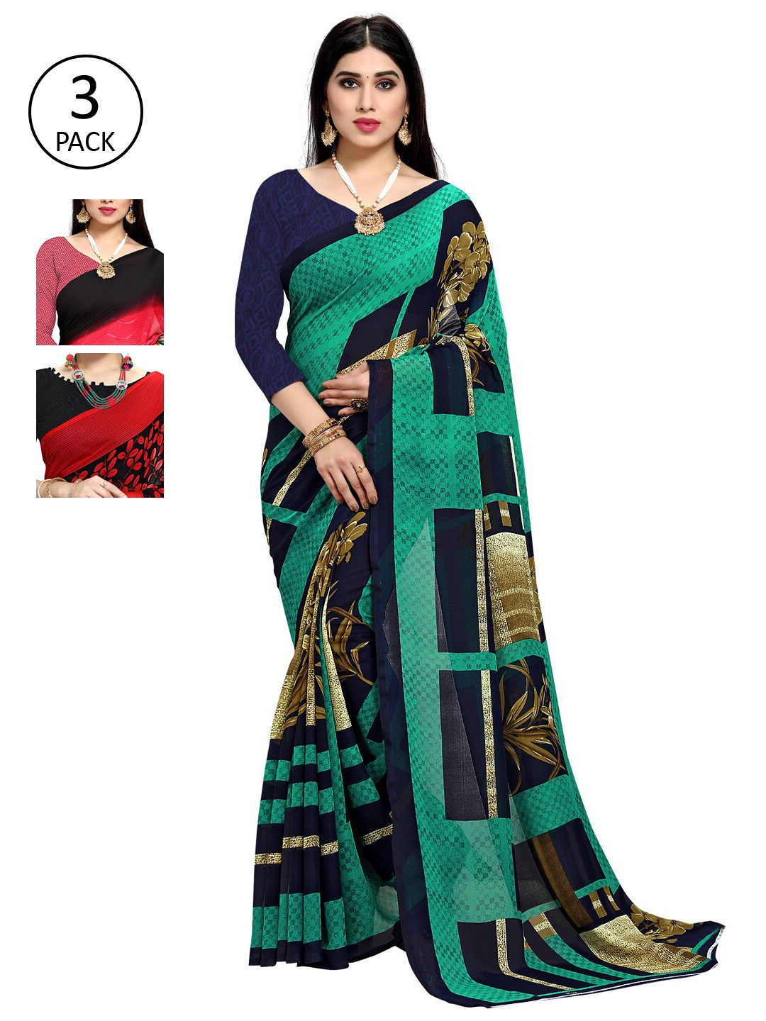 

KALINI Pack Of 3 Printed Sarees, Red