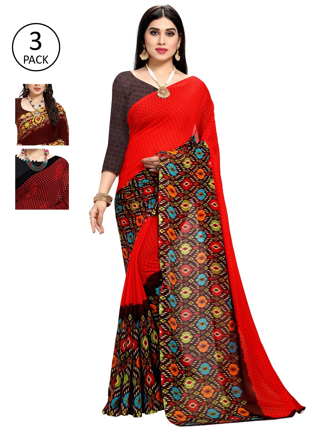 

KALINI Pack Of 3 Red & Black Saree