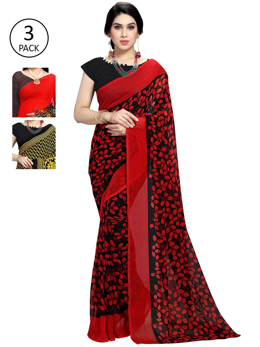 

KALINI Pack Of 3 Printed Sarees, Red