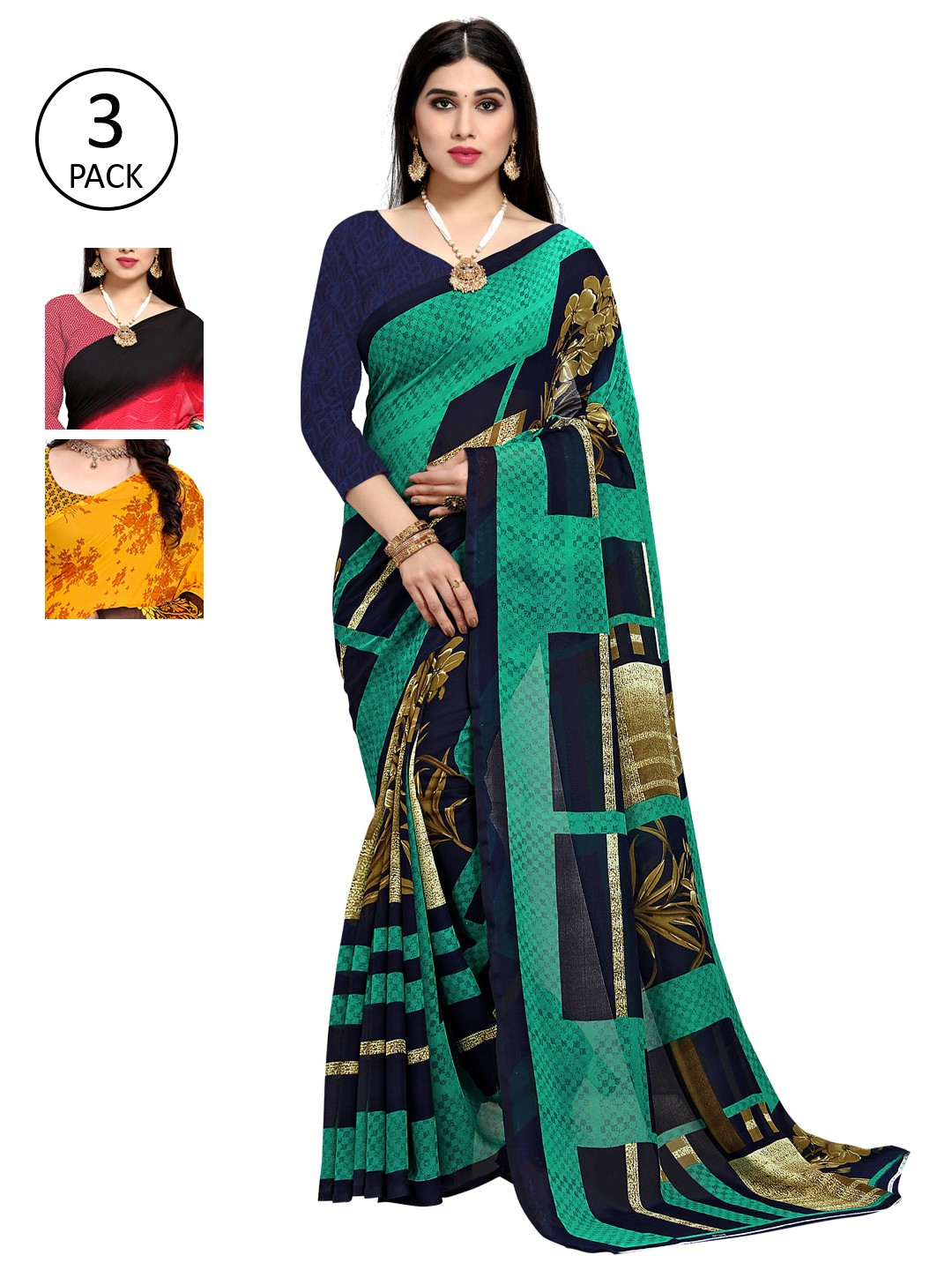 

KALINI Pack Of 3 Printed Poly Georgette Sarees, Yellow