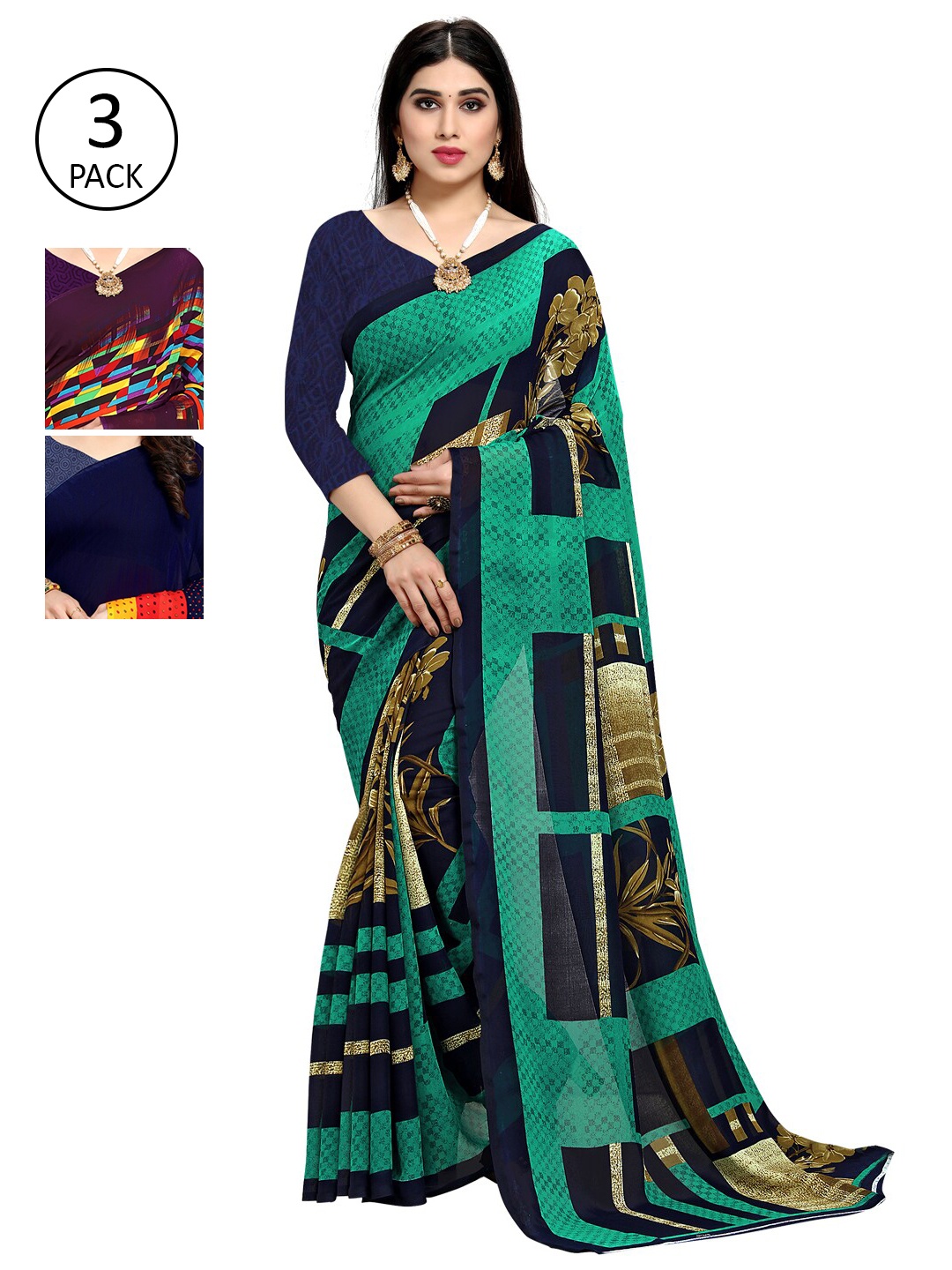 

KALINI Set-3 Navy Blue & Green Floral Saree