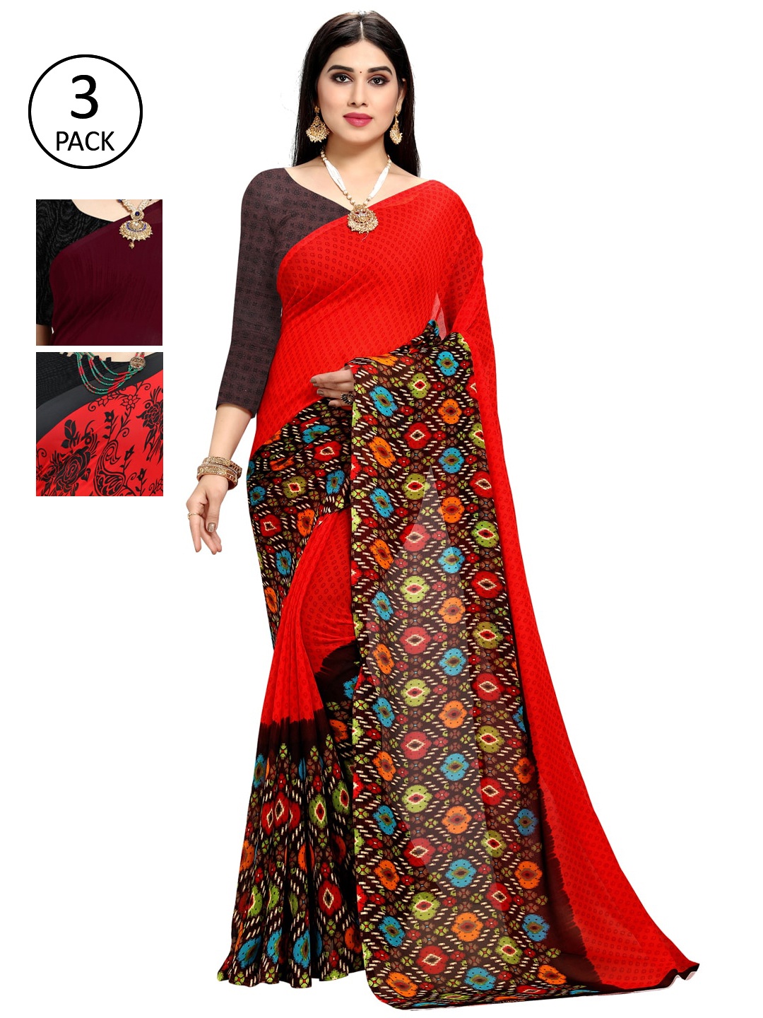 

KALINI Pack Of 3 Printed Sarees, Red