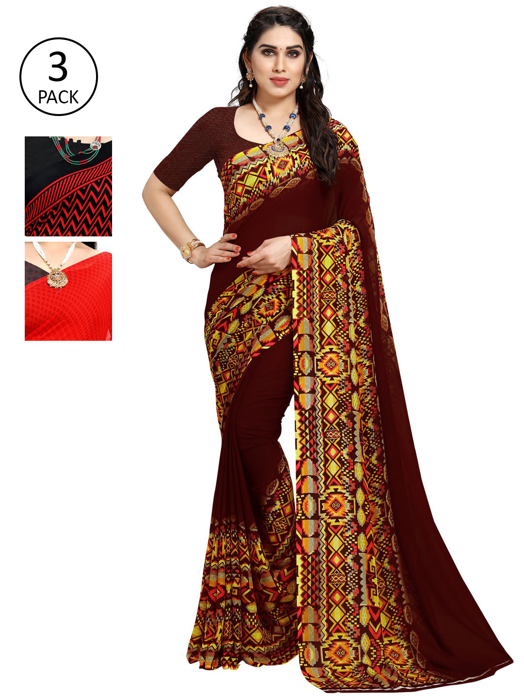 

KALINI Pack of 3 Printed Sarees, Red