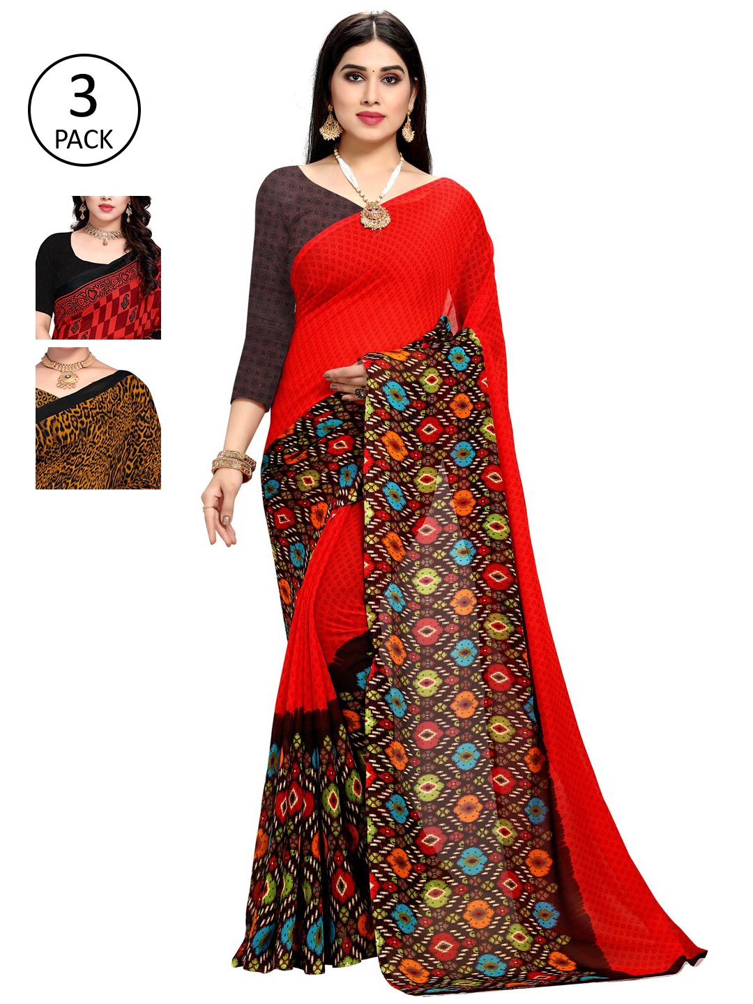 

KALINI Pack of 3 Printed Saree, Red