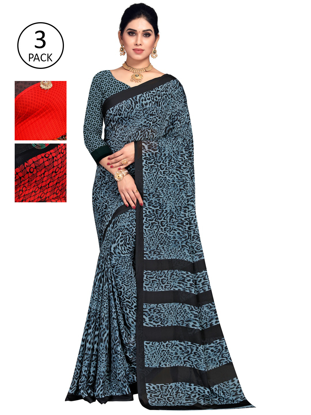 

KALINI Pack of 3 Printed Sarees, Red