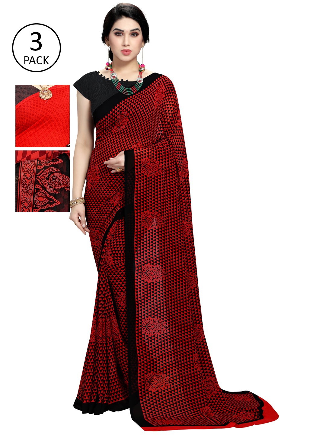 

KALINI Pack Of 3 Red & Black Poly Georgette Sarees