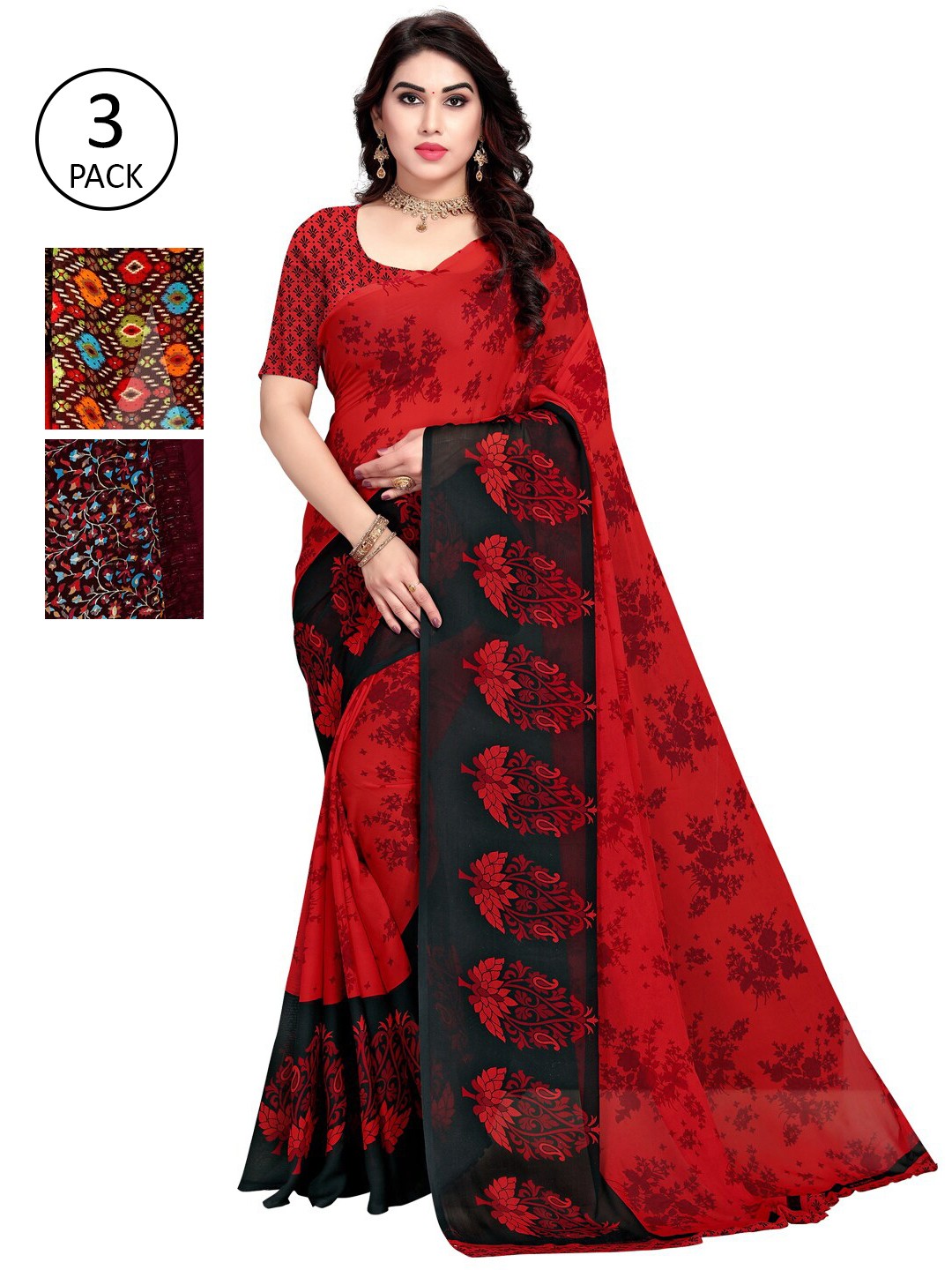 

KALINI Pack Of 3 Printed Poly Georgette Saree, Red