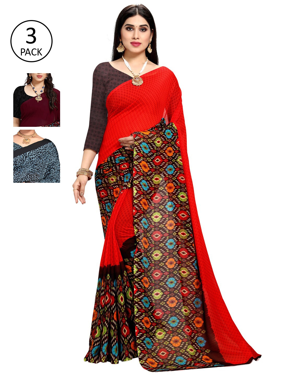

KALINI Pack of 3 Printed Saree, Burgundy