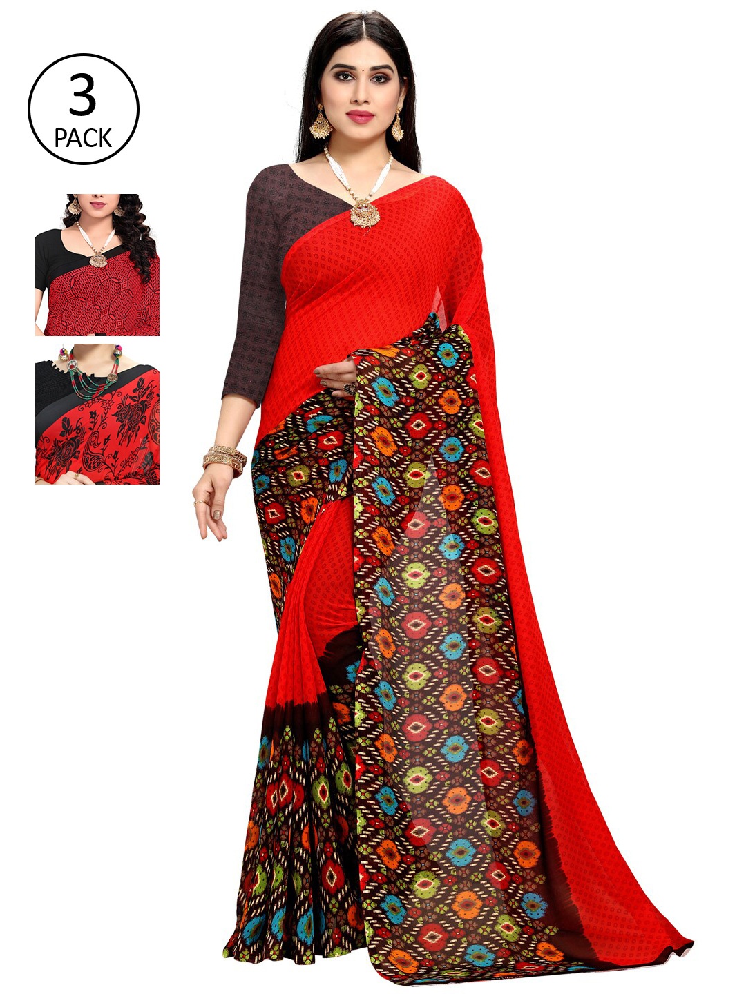 

KALINI Pack Of 3 Multicoloured Poly Georgette Sarees, Multi